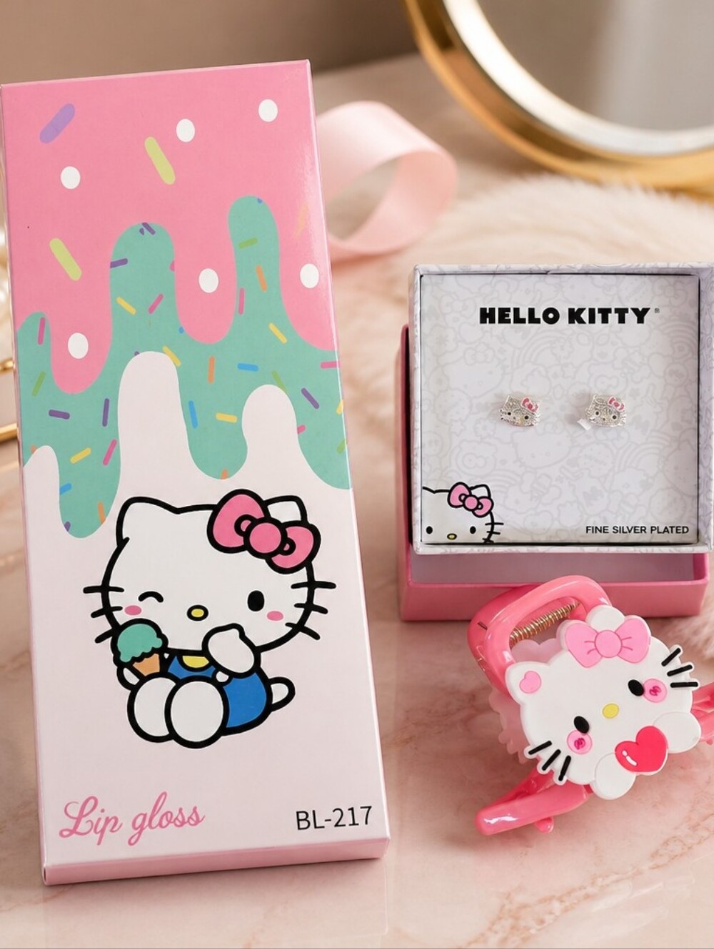 Hello Kitty Pink and Mint Lip Gloss & Silver-Plated Earrings Gift Set